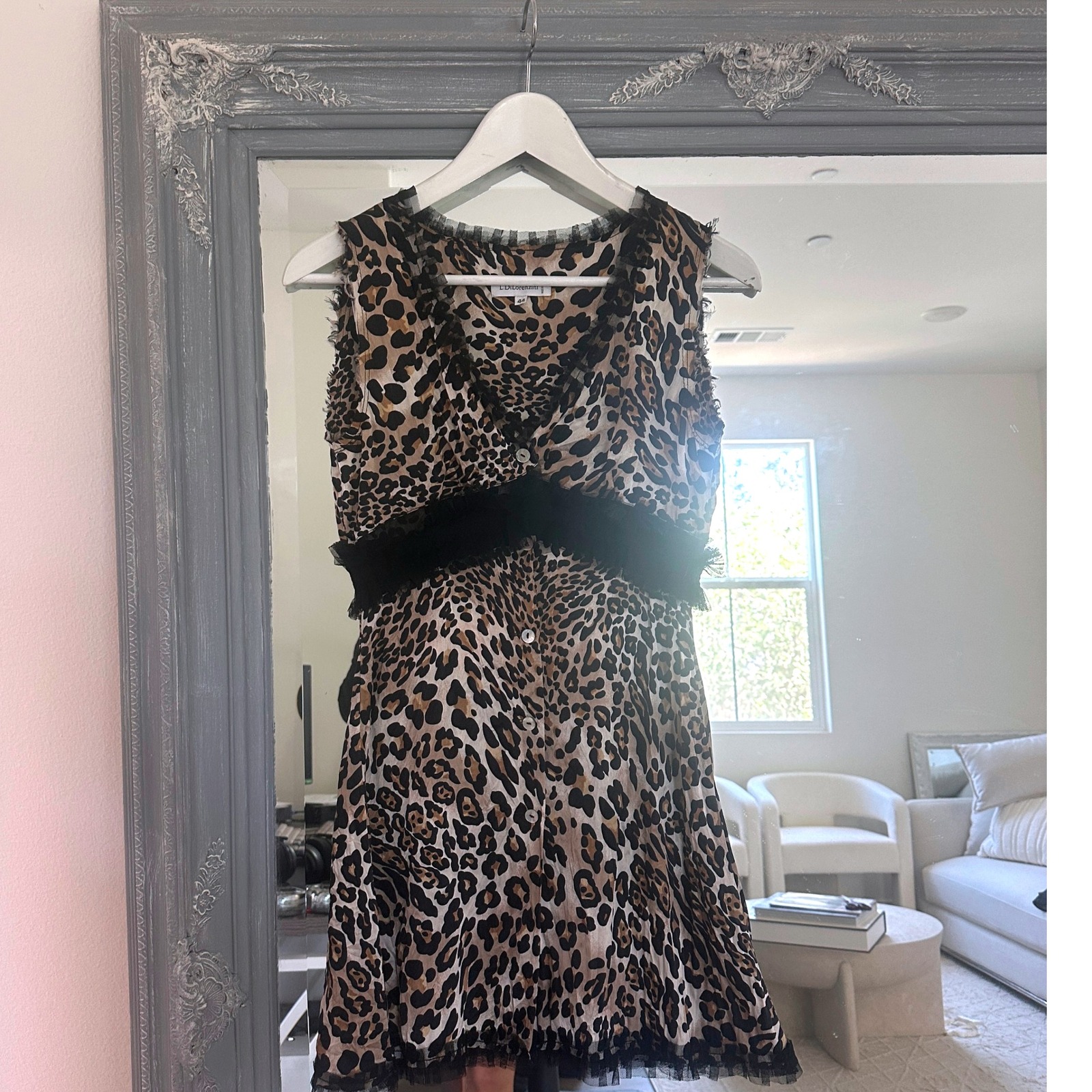 L.Dilorenzini Silk Leopard Print Mini Dress Sleeveless Ruffle Made Italy Size 44